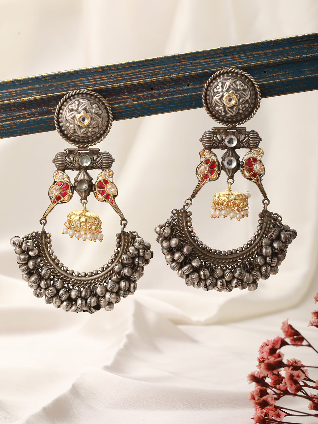 Silver Oxidised Kundan Studded Fusion Large  Chandbali  Earrings